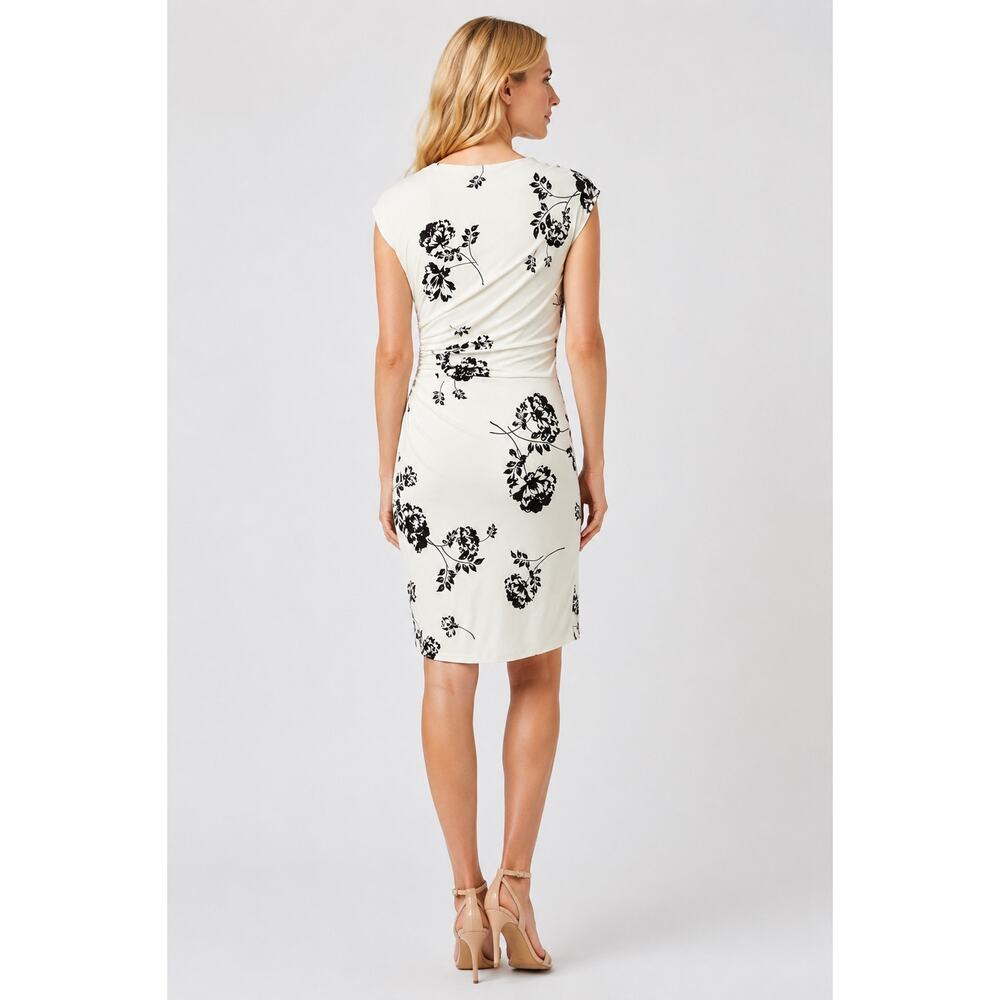 LAUREN RALPH LAUREN Dress Ruched Sleeveless White Black Floral Print sz 6 8P - Picture 2 of 16